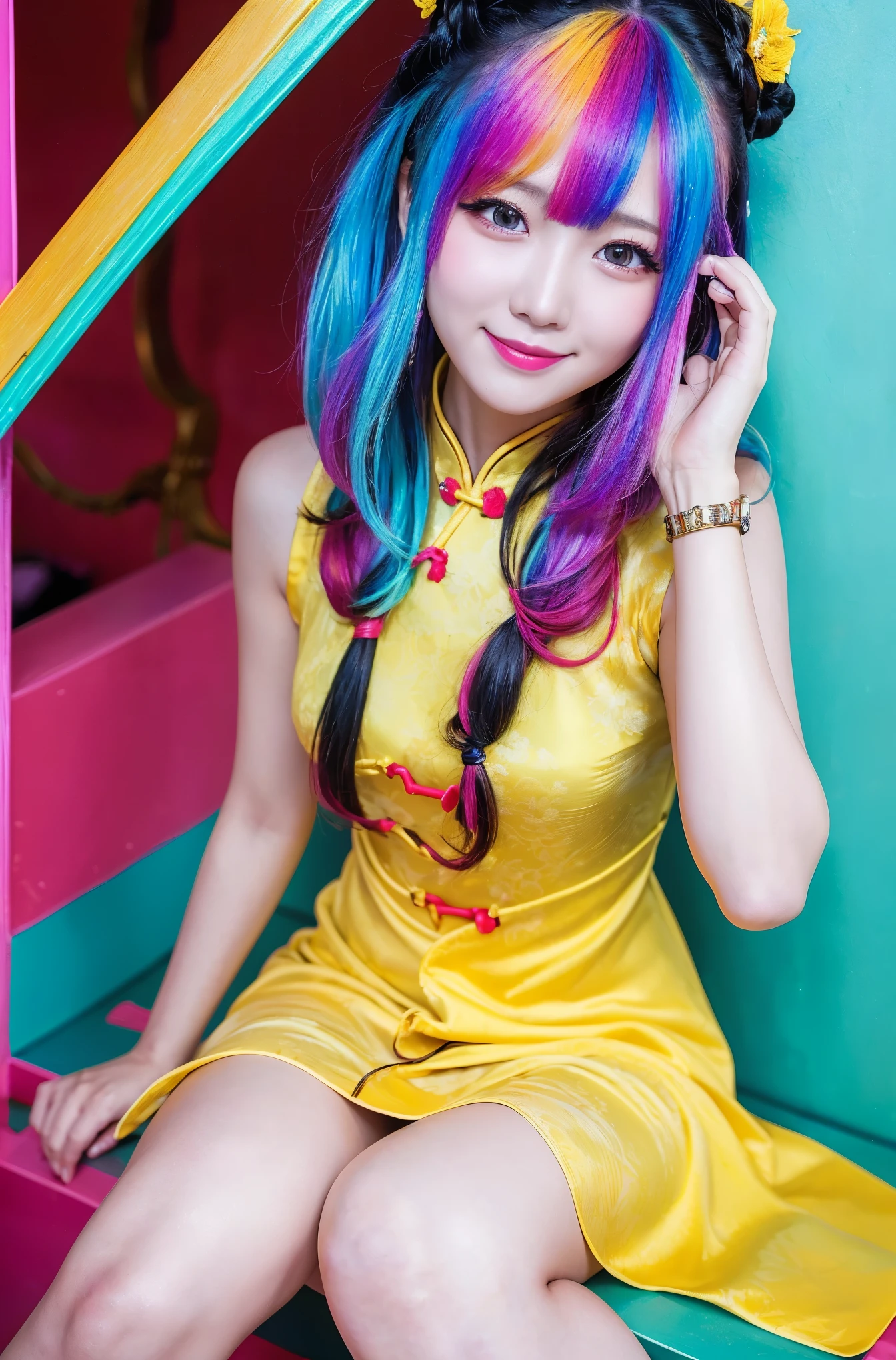 high quality,  realistic、Hi-Res,  realistic、8k、16k、masterpiece:1.4, (cheongsam dress)、exhaustive.Impressive、Alone、 cutting-edge photo portrait of a woman、smiles、Expression of happiness、The way you look at someone you love、 yellow、Cyan, and purple, ((Her colorful hair is gathered in a high position、Various hair colors:1.3)) 、her bright makeup is really eye-catching