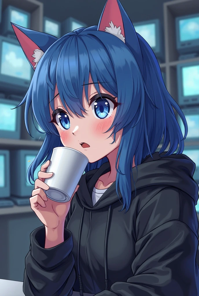 (Masterpiece) (High Detail) (High Res) A short petite humanoid girl with pale human skin and blue eyes and long blue hair and blue dog ears and a fluffy dog tail is sat at her PC wearing just an oversized hoodie and a pair of headphones. The PC set-up has a microphone and webcam for streaming. She had lots of gaming and streaming equipment on her desk and a cup of coffee.