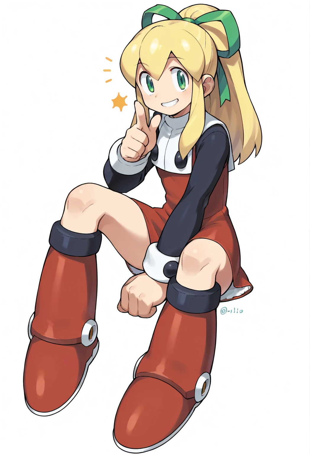 score_9, score_8_up, score_7_up, source_anime, solo, ishikawa hideki style, Roll (Mega man), long hair, bangs, green eyes, blonde hair, ribbon, hair ribbon, ponytail, green ribbon, nice chest, white background, nice legs, red dress, short skirt,, long sleeves, red boots, 1girl, pointing at viewer, full body shot, sitting down, perfect legs spread, smile, nice body, from side,