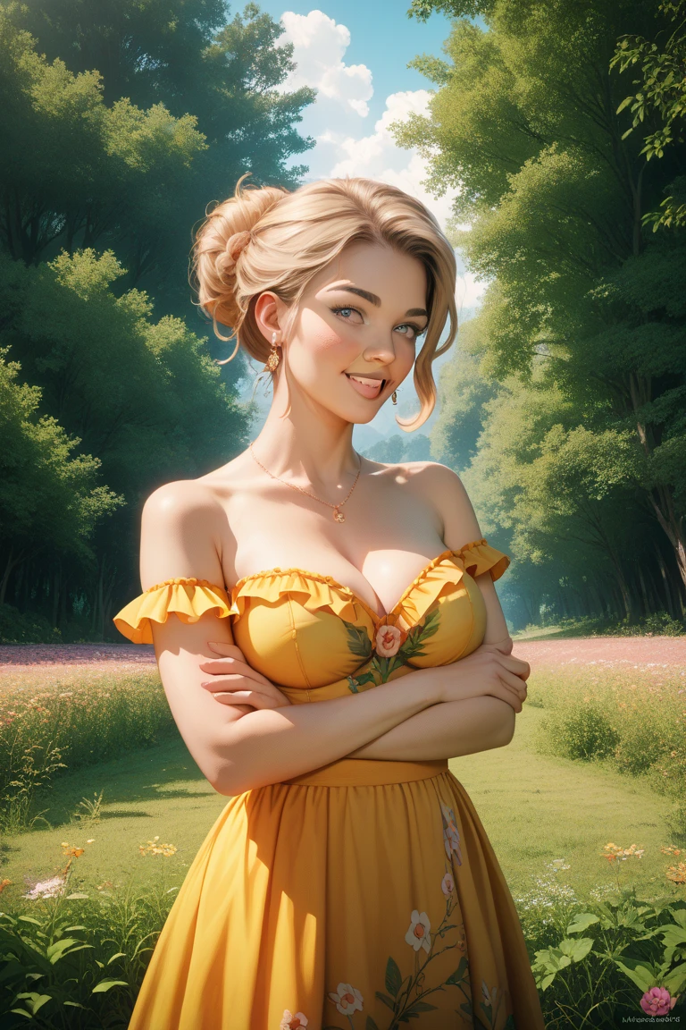 nose piercing, standing, jewelry, orange jumpsuit (insanely detailed, beautiful detailed face, masterpiece, best quality), cleavage, piercing blue eyes, Jessica Alba. dd-cup sized breasts. short and dainty. happy, smiling cheerful face. Skipping in a magical meadow of daisies. Magical realism. 1950s Panovision 70. 4K Ultra HD, Extreme Detail And Intricate Realism. Stunning 2D Vector Detailed clear. lifelike.