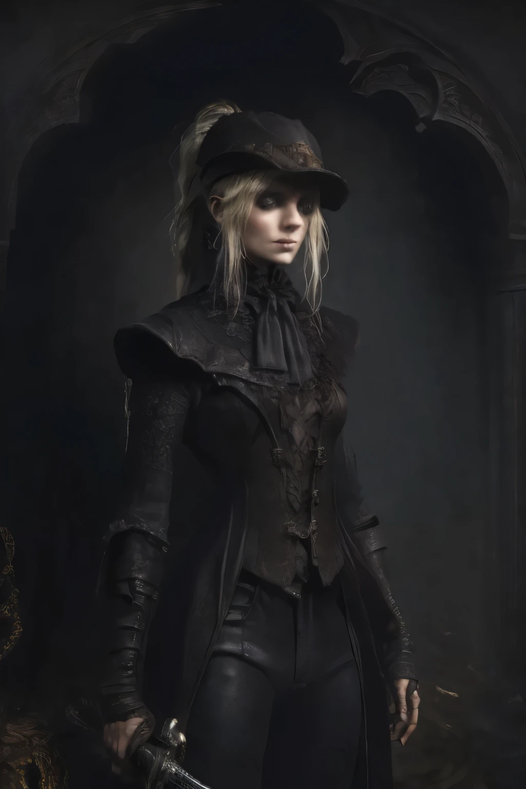 ((best quality)), ((masterpiece)), (detailed), score_9, score_8_up, score_7_up, score_6_up, (1girls), Poster style, a central female figure, a female occultic knight, witch, knight, wielding a rapier-like sword, perfect face (((masterpiece, of the highest quality, super detailed))), photorealistic, Dark fantasy art, dark fantasy, ((gothic art)), ((Bloodborne inspired)), (Victorian era inspired), (leather trousers with buckles and belts), (occultic vibe), (cosmic horror vibe), (occultic military uniform), (military witch), ((intricate and beautiful cloth and leather clothing)), (regal and elegant, a person of great social importance), ((mature, foreboding atmosphere)), ((dark and gloomy)), a gothic city looming behind her, a spectral moon above with a huge circular opening on its surface revealing absolute darkness within, ((((Highly detailed face)))), small thin nose, Small thin lips mouth, (((Very sharp focused eyes))), ((perfect symmetrical beautiful eyes)). looking here, (resolved expression), (resolute expression), (sad face), beautiful (((very small breasts))), (((little boobs))), (((tiny breasts))), (((flat chest:0.1))), (((very tiny boobs))), (((very flat chested))), ((blonde)) hair, ((long ponytail, thick ponytail, heavy ponytail)), very long eyelashes, soft lighting
