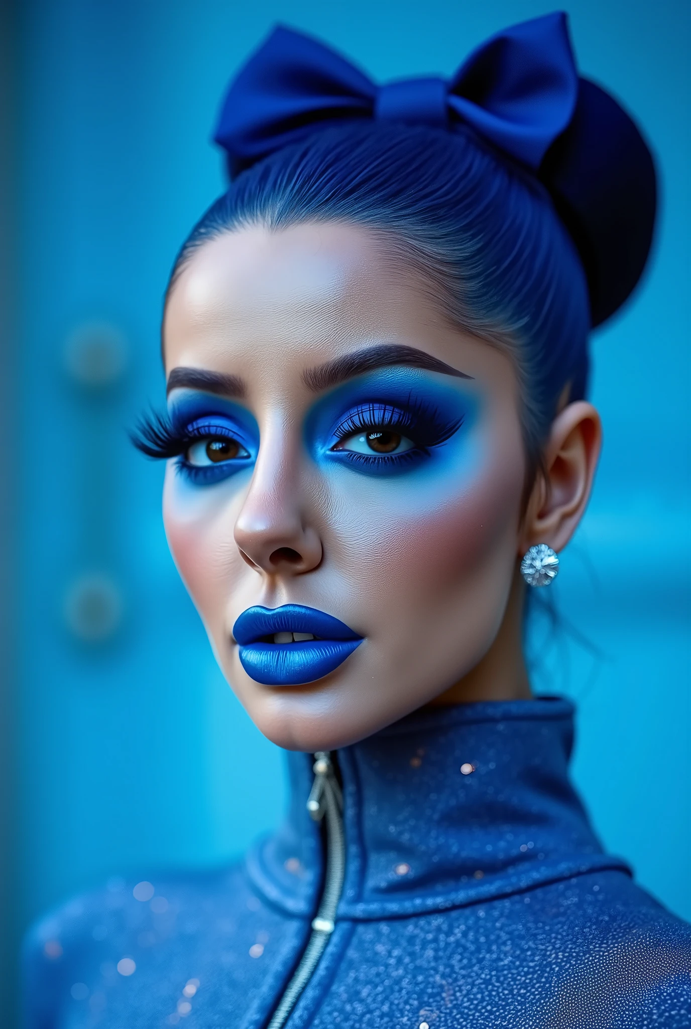 incredibly long and voluminous eyelash extensions, bright blue makeup, blue hair , diamond earrings , collar, blue lips, Her lips are puckered up., bow-shaped hair ,