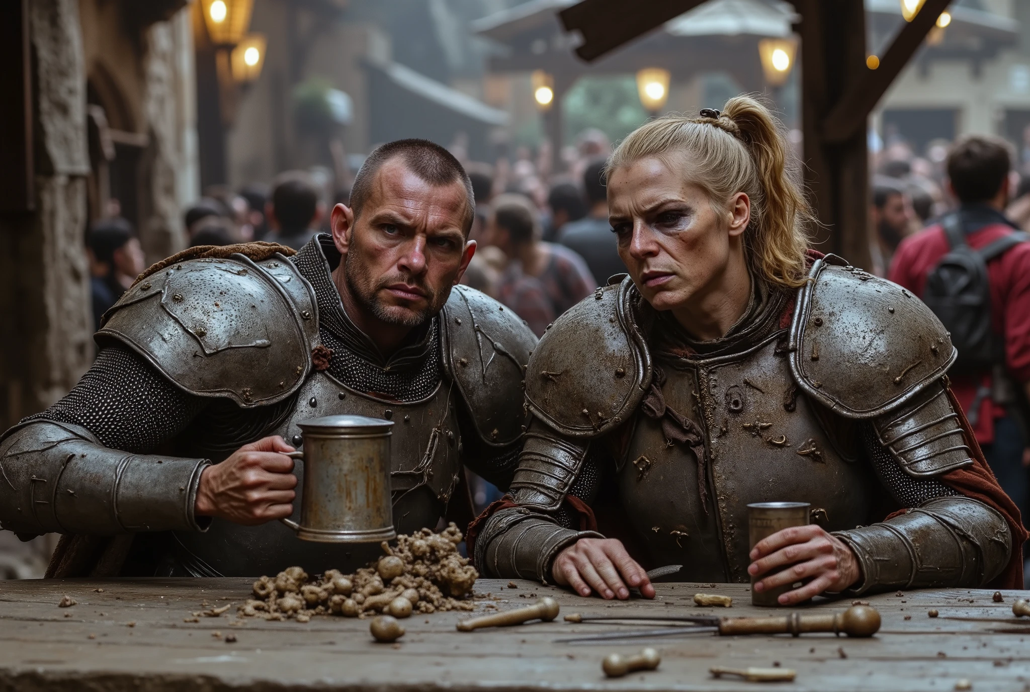 2 people sitting at a table in a crowded, rowdy medieval beergarden: Person 1: A haggard, Caucasian male knight in dented, blood-streaked platemail armor sitting at a scarred picnic table in a crowded, rowdy medieval beergarden, shaven brown hair crewcut matted with grime and highlights dulled by ash, pale white face skin streaked with dirt, sunken brown eyes haunted and depressed, a sheathed sword weapon and shield propped against the table, clutching a dented pewter tankard of sour beer in a gauntleted hand caked with dried mud, a tattered satchel spilling bones and trinkets at his side, the air thick with the stench of decay and despair. Person 2: A haggard, matronly Caucasian woman paladin in dented, blood-streaked platemail armor sitting at a scarred picnic table in a crowded, rowdy medieval beergarden, long asymmetrical brown haircut matted with grime and highlights dulled by ash, pale white face skin streaked with dirt and old scars, sunken brown eyes glaring with indignant fury, a sheathed sword weapon propped against the table, clutching a dented pewter tankard of sour beer in a gauntleted hand caked with dried blood, oversized cracked lenses perched atop her head, a tattered satchel spilling bones and trinkets at her side, the air thick with the stench of decay and despair.