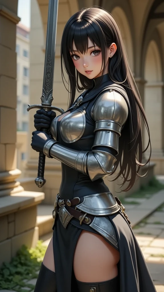 Ultra realistic   girl 8 years old,    body  , long black hair frinje braided , knight armour medieval ,  seios  planos  , pantie , garterbelt  meias  longas , menacing  face , sexy  ,  dungeon  .