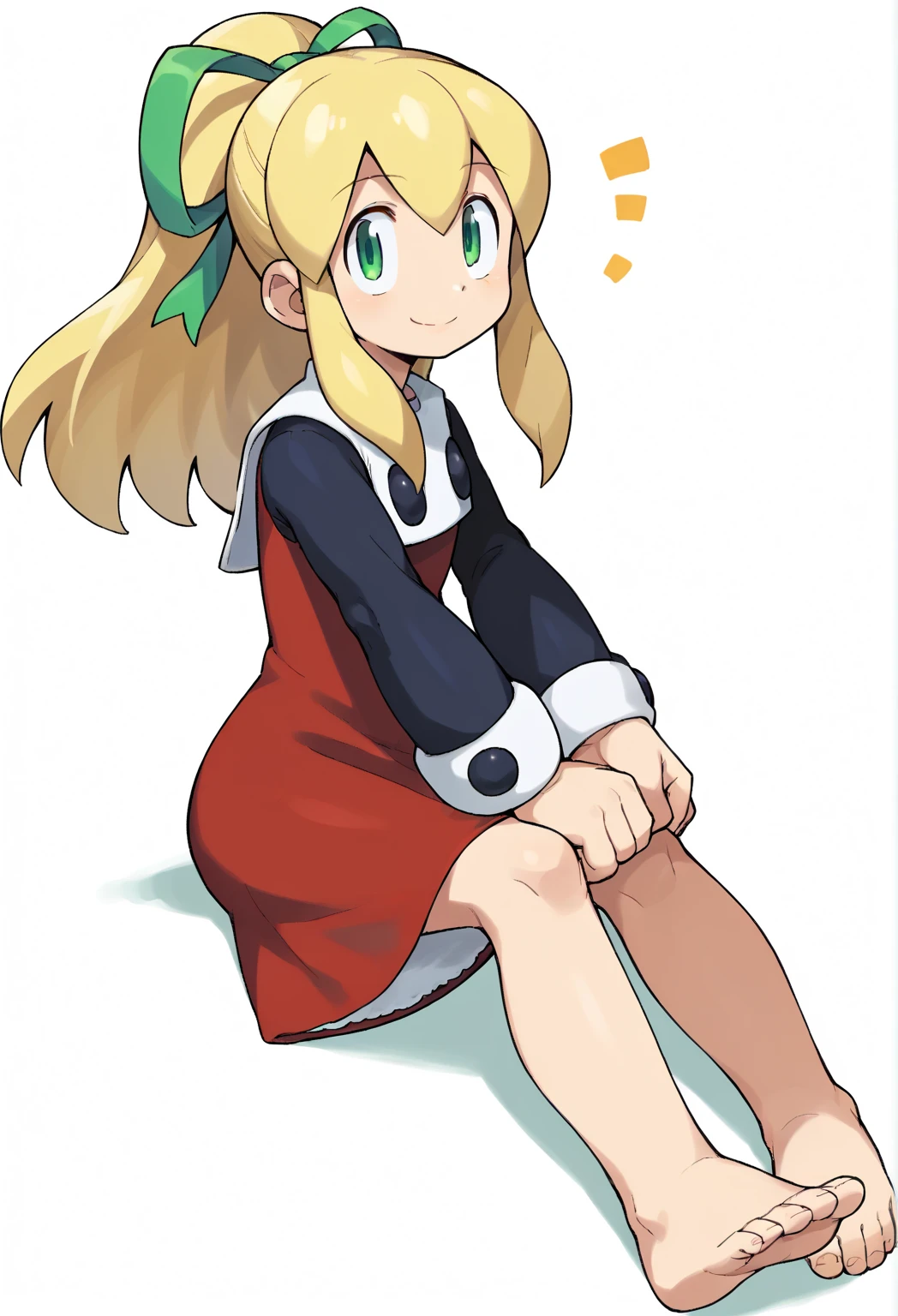 score_9, score_8_up, score_7_up, source_anime, solo, ishikawa hideki style, Roll (Mega man), long hair, bangs, green eyes, blonde hair, ribbon, hair ribbon, ponytail, green ribbon, nice chest, white background, nice legs, red dress, short skirt,, long sleeves, bare feet, 1girl, looking up at viewer, full body shot, sitting down, perfect, smile, nice body, from side, knees raised,