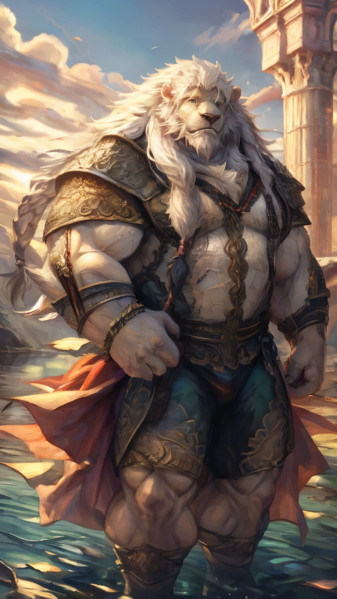 ( masterpiece),(high resolution),(intricate details:1.4),is extremely nuanced,(illustration:1.2), 8,000,realistic photos in Moscow,Beautiful,age,older male lion ,muscular,swordsman, manhood ,(White hair:1.3), long hair,Long white beard,scar,badly damage,harm, Broken Bodies ,Lie on a cold frozen lake,Bleeding , woman ,naked body ,Defeated by the enemy,Dying
