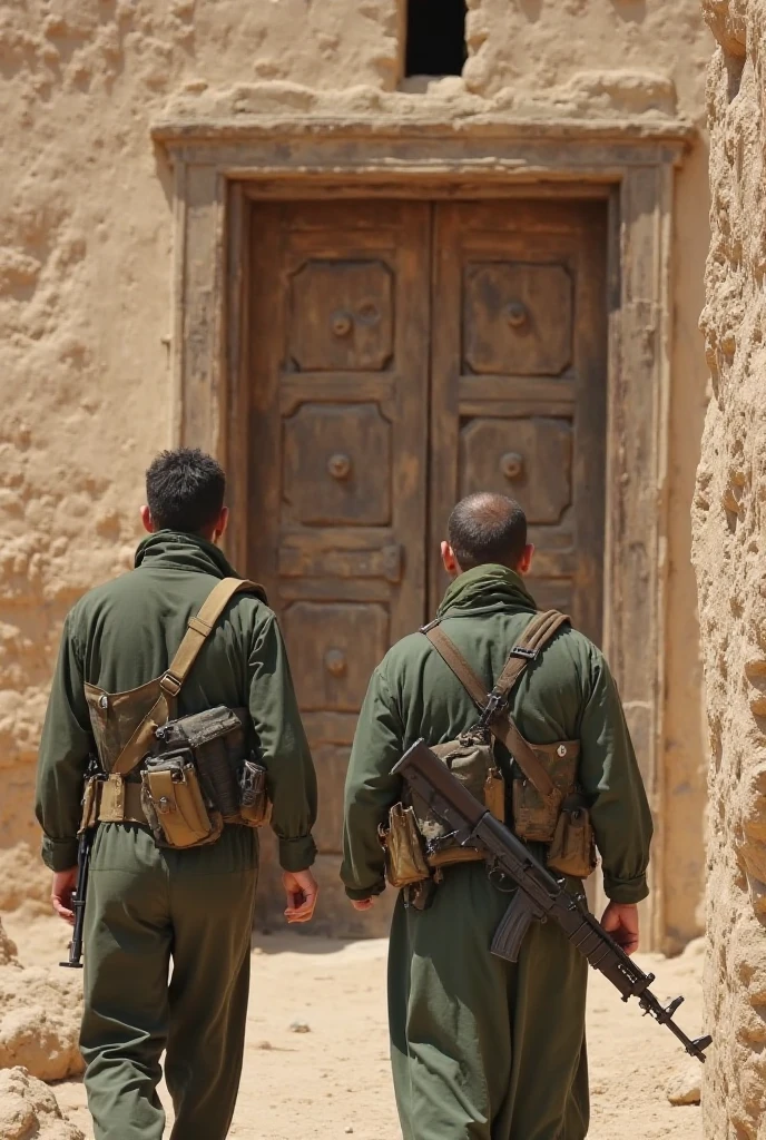 two U.S. soldiers in conflict in Afghanistan, no fundo uma mesquita em ruinas, foto realista