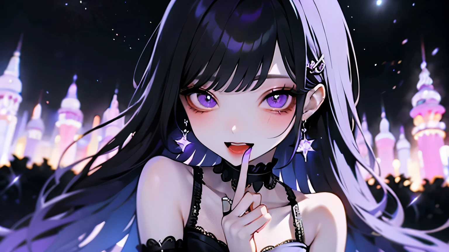 (Masterpiece),(Best Quality:1.2),(8k anime),(Perfect Anatomy),( perfect to fingertips ),1 girl,Beautifully detailed purple eyes,Wearing a purple and black dress,( beautiful silky purple hair :1.2), black flower hairpin sitting outdoors ,Glancing sideways, Silky to the touch , hyper details, teeth、creates a dreamy and elegant atmosphere, movie lights,Starry Sky,sitting outdoors,high contrast