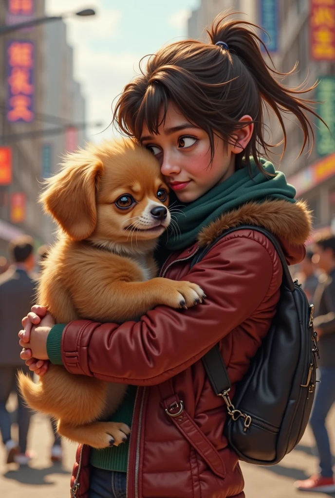 a little street girl hugging a brown-furred dog