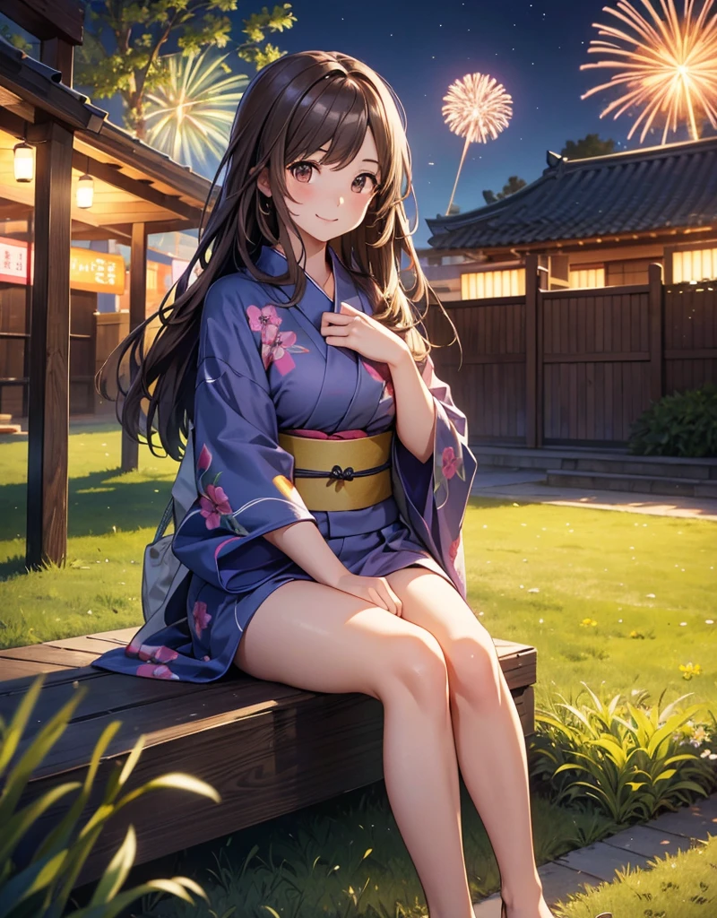 (highest quality)), ((masterpiece)), (family friendly), Perfect Face,Shiny skin,Beautiful breasts,Shiny skin、Kyoto Animation style painting、Hair、Golden Eyes、Sunburned skin、night、Braided Hair、(((firework)))、(((night)))、Sit on a bench、(((Sweat)))、(((wet)))、
、Off the shoulder、kimono、((stall))
、profile、(((Holding a fan)))、smile、Looking up at the sky