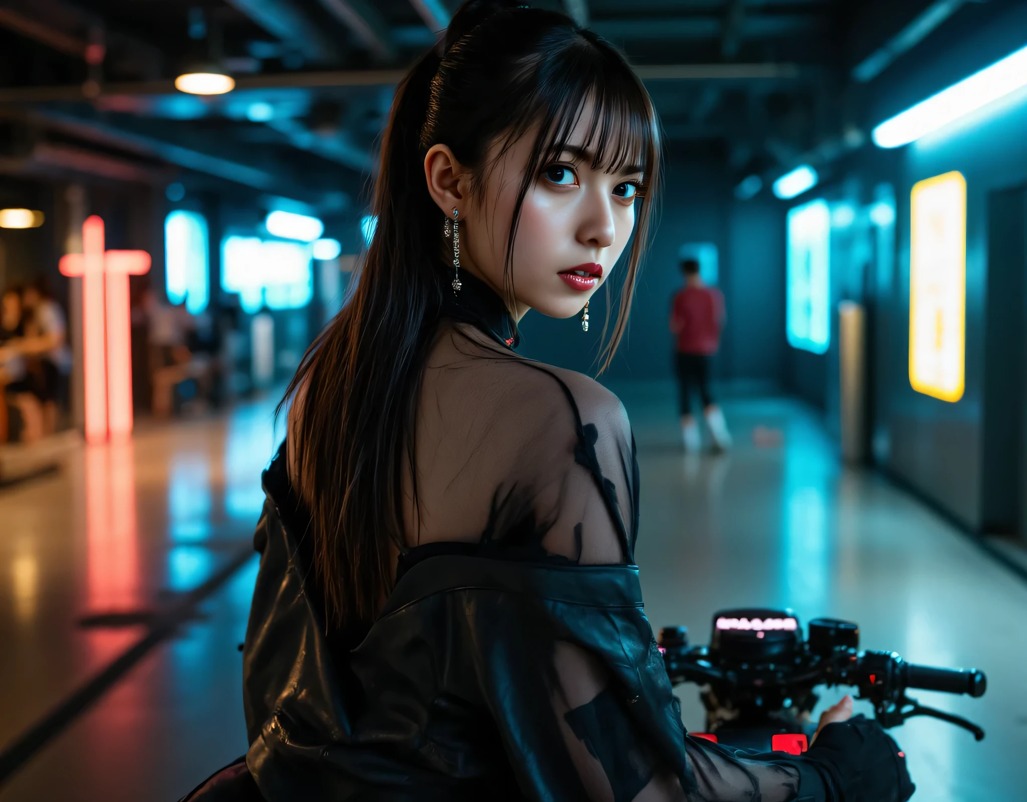 (((The dark Nostromo motorway at night:2.0))),((( HR Gigger Style Cyberpunk Atmosphere :2.0))),((Ride a tron style bike:2.0)),(((Ride on a big cyberpunk motorcycle:2.0))),side view from the back,Side pose,((looks back at the camera at the wedding hall at the church:2.0)),(( looking back over my shoulder :2.0)),Rear View,((full body:2.0)),one woman,(cute face),(Beautiful well-balanced face ),((long hair with bangs:2.0)),( black hair:1.5),(beautiful eyes:1.3),glamorous shot of a 20-year-old Japanese woman, Slender Beautiful Body ,((model body type:2.0)),(( slim body with hot water:1.7)),perfect body line,Ideal Proportions,(big breasts:2.0),Bare thighs,sensual thighs seen from below the crowd,delicate body,( Muscular:1.5),A harmonious posture,((Beautiful ass:2.0)),((cute ass:2.0)), ((((Bare ass :2.0)))),((( T-back :2.0))),(Realistic breast depiction :1.5),carefully depicts limbs based on perfect anatomy,((futuristic samurai style black super high leg leotard:2.0,((SUPER HIGH LEG LEOTARD MADE IN FIT CAMY STYLE LATEX:1.5)),((Samurai armor-style military jacket with an open front over a leotard:1.5)),(ear monitor:1.5),((Tactical Holster:1.5)),(gloves:1.3),concept art,(Best Quality:1.5),(masterpiece:1.5),(超高resolution),resolution,UHD,( delicate depiction), carefully drawn with butterfly wings ,32K,((realistic skin texture:1.5)),((( super realistic :1.5))), eyelashes,very detailed face,Highly detailed female hand,Very sensual,(Blurry Dim Backgrounds :1.5),professional photo shoot,(movie light:2.0),(( Blade Runner Style Lights :2.0))