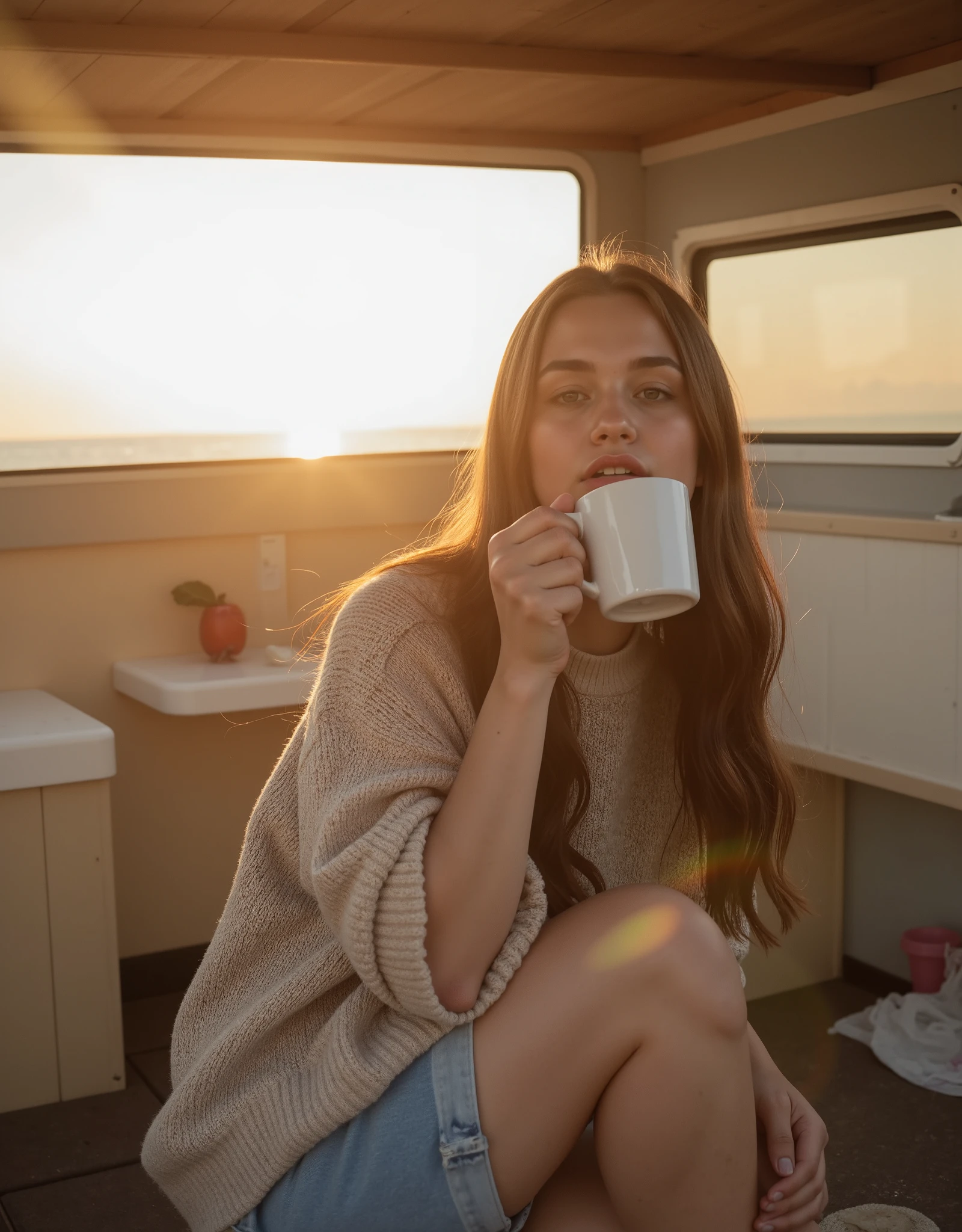 Full-body shot of Eden, a 23-year-old influencer from Hamburg, sitting in front of her cozy camper van in St. Peter-Ording. She wears a loose-fitting oversized sweater and comfy shorts, enjoying a relaxed moment with a cup of coffee. Her long, dark blonde hair falls naturally over her shoulders as she looks out at the dunes and ocean. The soft, golden light from the early evening sun creates a peaceful, carefree atmosphere. Ultra-HD, soft-focus, relaxed and natural.