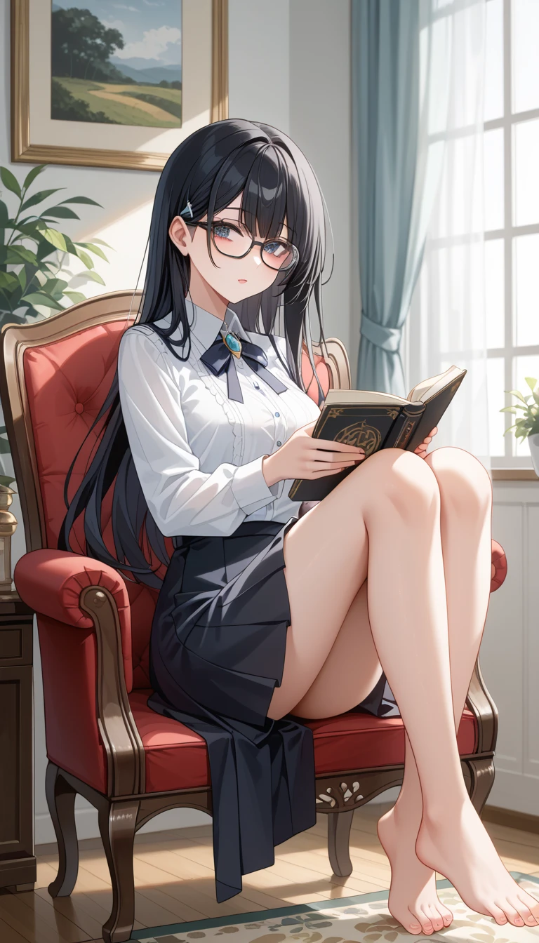 a girl with glasses seated on a red chair holding a book in both hands, 1girl, solo, glasses, thighhighs, skirt, black hair, sitting, looking at viewer, parted lips, crossed legs