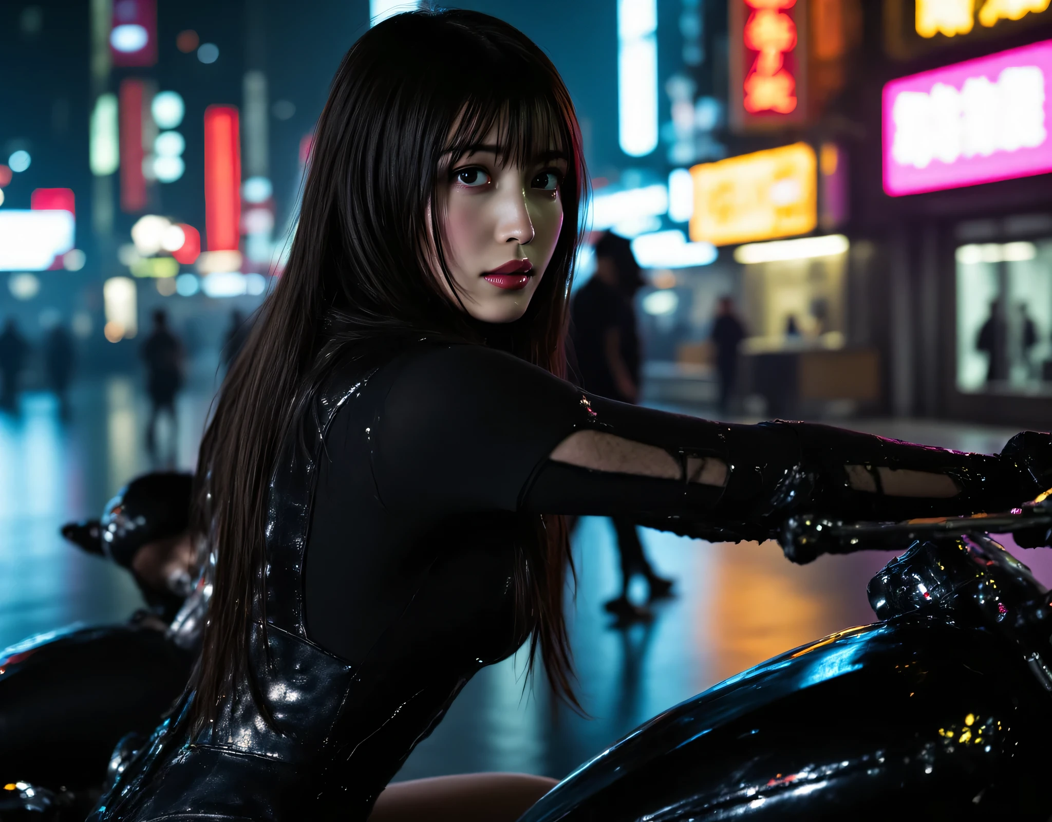 (((The dark Nostromo motorway at night:2.0))),((( HR Gigger Style Cyberpunk Atmosphere :2.0))),((Ride a tron style bike:2.0)),(((Ride on a big cyberpunk motorcycle:2.0))),side view from the back,Side pose,((looks back at the camera at the wedding hall at the church:2.0)),(( looking back over my shoulder :2.0)),Rear View,((full body:2.0)),one woman,(cute face),(Beautiful well-balanced face ),((long hair with bangs:2.0)),( black hair:1.5),(beautiful eyes:1.3),glamorous shot of a 20-year-old Japanese woman, Slender Beautiful Body ,((model body type:2.0)),(( slim body with hot water:1.7)),perfect body line,Ideal Proportions,(big breasts:2.0),Bare thighs,sensual thighs seen from below the crowd,delicate body,( Muscular:1.5),A harmonious posture,((Beautiful ass:2.0)),((cute ass:2.0)), ((((Bare ass :2.0)))),((( T-back :2.0))),(Realistic breast depiction :1.5),carefully depicts limbs based on perfect anatomy,((futuristic samurai style black super high leg leotard:2.0,((SUPER HIGH LEG LEOTARD MADE IN FIT CAMY STYLE LATEX:1.5)),((Samurai armor-style military jacket with an open front over a leotard:1.5)),(ear monitor:1.5),((Tactical Holster:1.5)),(gloves:1.3),concept art,(Best Quality:1.5),(masterpiece:1.5),(超高resolution),resolution,UHD,( delicate depiction), carefully drawn with butterfly wings ,32K,((realistic skin texture:1.5)),((( super realistic :1.5))), eyelashes,very detailed face,Highly detailed female hand,Very sensual,(Blurry Dim Backgrounds :1.5),professional photo shoot,(movie light:2.0),(( Blade Runner Style Lights :2.0))