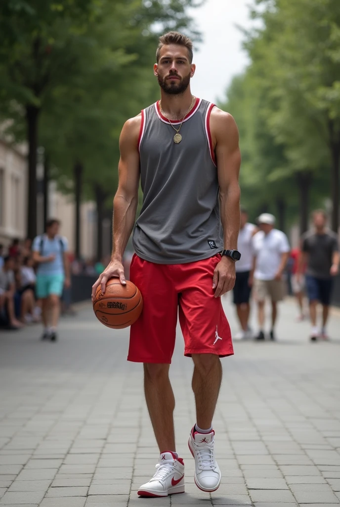 A fit male model walking down a sidewalk. He’s modeling semi-tightly fitted basketball shorts. He also has a noticeable “tent” (erection) formed in these shorts from being aroused. Perspective is directly in front of him.