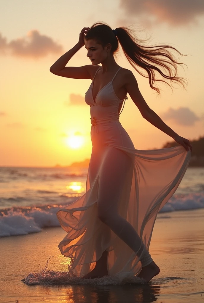 (realistic photo:1.37), Summer sea evening sunset, Sunset overlap the person, The sunset is reflected on the sea surface, (Dazzling sunset:1.4, beautiful evening sunset:1.3), (2 womens, Back view of two women on the beach), (((Holding hands and looking beyond the horizon))), (Lens Ghosting:1.5, lens flare:1.2, Octagon-shaped lens ghost), Fiery Horizon, (Silky platinum blonde Hair:1.2), (The other one woman ultra Shiny straight black hair:1.3), ((Natural backlighting:1.4)), ((one woman wears lace tiered mini skirt and sheer white Summer clothes)), ((The other one woman wears a sheer tulle skirt and Sheer Summer Dresses)), ((full body view:1.2)), Slightly slimmer body, Realistic Skin, Slightly large butt,
BREAK. masterpiece, ultra high resolution, high definition RAW photograph, Highly detailed CG, best quality, 4K, perfect anatomy, perfect proportions, Romantic Landscape, Sparkling sea, Accurate limbs, Back blur, Hand details, finger details, light leaks, erotic body