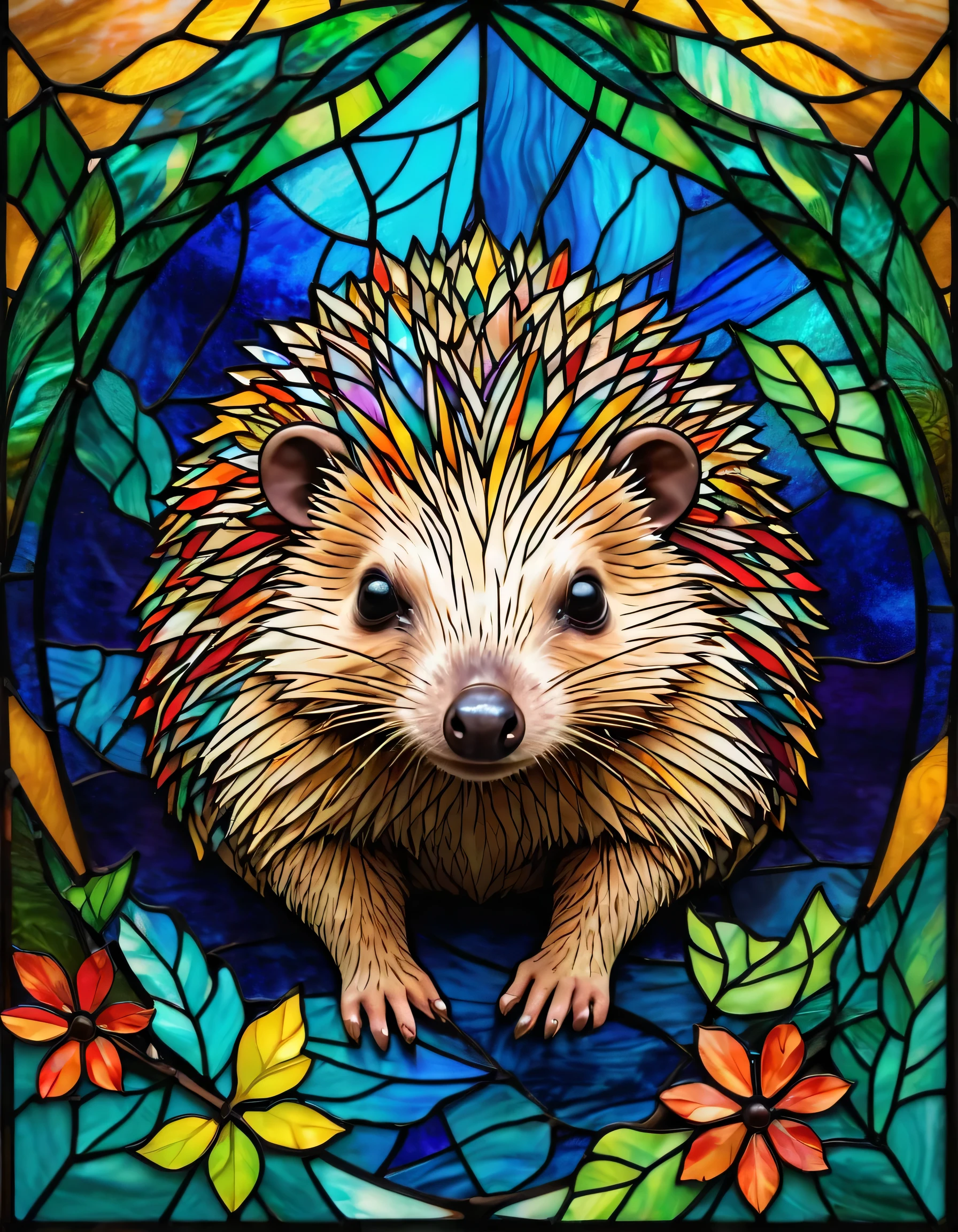 A stained-glass style illustration of a hedgehog, featuring intricate geometric patterns and vibrant colors. The hedgehog is surrounded by nature-inspired elements like leaves, flowers, and vines, all depicted in a luminous, stained-glass effect. The light shines through the glass, creating a warm and magical atmosphere. The composition is detailed and artistic, resembling a real stained-glass window.