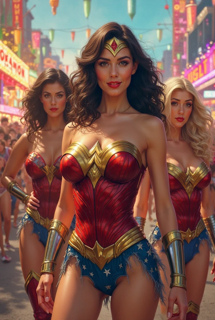 ultra realistic image, 16k, hyper realistic, very beautiful woman ultra realistic, raw, very thin high waist, big breasts, wide hip, perfect shapely ass, fluffy curly hair with lots of green volume, with fitted wonder woman costume, standing on a street in a big city
