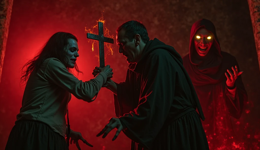 Three guys in their 20s inside the sect with blood and skull candles, people in dark robes