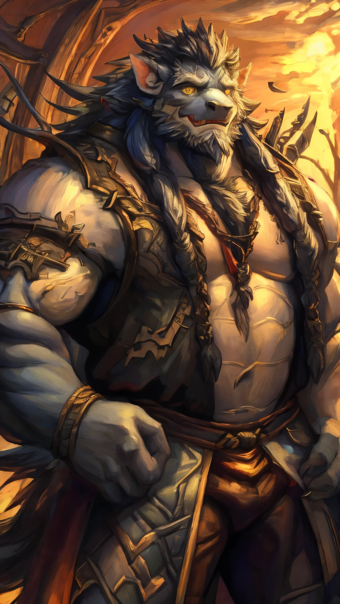 A painting,The painting has a man with a big horn on his head.、 man with a sword, Monster wolf, Savage Giant in fur, 肌肉werewolf, Anthropology Art, 豺werewolf, furry fantasy art , werewolf, Portrait of a Berserker , Good Boy Giant Mecha Hound, Threatening Posture, Anthropological Conceptual Art, World of Warcraft Art Style, Chin Liquor