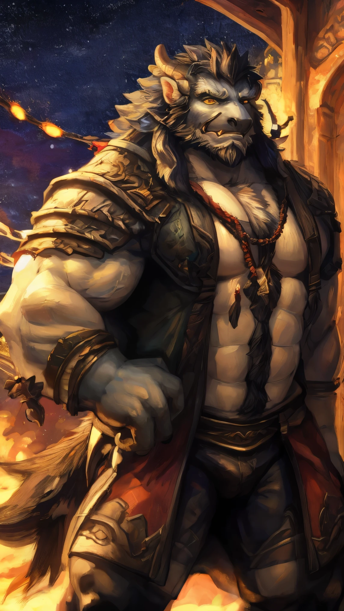 A painting,The painting has a man with a big horn on his head.、 man with a sword, Monster wolf, Savage Giant in fur, 肌肉werewolf, Anthropology Art, 豺werewolf, furry fantasy art , werewolf, Portrait of a Berserker , Good Boy Giant Mecha Hound, Threatening Posture, Anthropological Conceptual Art, World of Warcraft Art Style, Chin Liquor