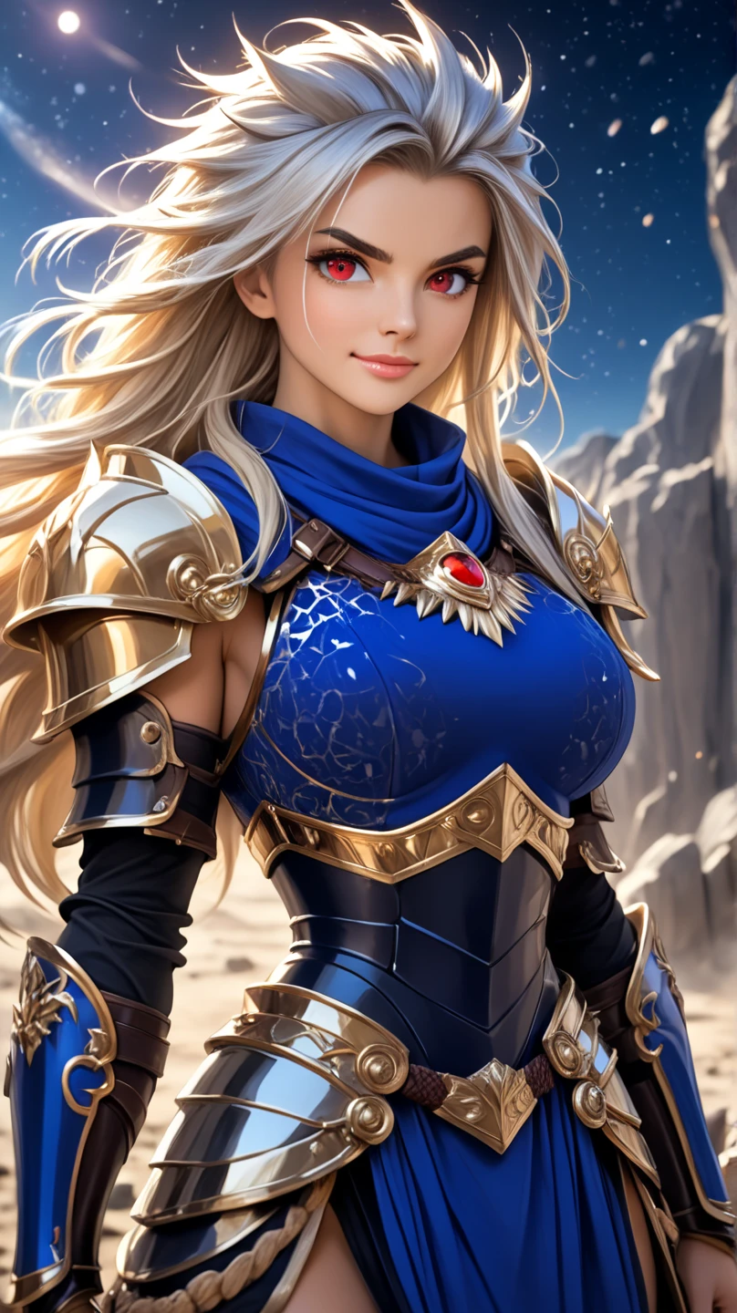 (8k, raw photo, Best Quality, maestro:1.2), (anime-anime photo:1.37), ultra detailed, 1 girl, beautiful, alone, Beautiful detailed blue sky with fluffy clouds, (blush), (whole body: 1.1), (smile: 1.1), (shut up), big breasts, Beautiful and delicate eyes, (Blue armor with intricate engravings of leaves and flowers, has a gorget, shoulder pads, gorjal, peto, backrest, codales, bracers, gauntlets, hidden, Don Quixotes, kneepads, greaves and scarp : 1.1), Golden metal pieces covering her shoulders and arms, Dark brown leather belt with metal buckles, tight leather pants, Brown leather boots, A cross adorns his chest, (long blonde hair: 1.2), flowing hair, high contrast, Proporciones de whole body, (astride, stretch the legs, thin legs), Chest closeup, full color.