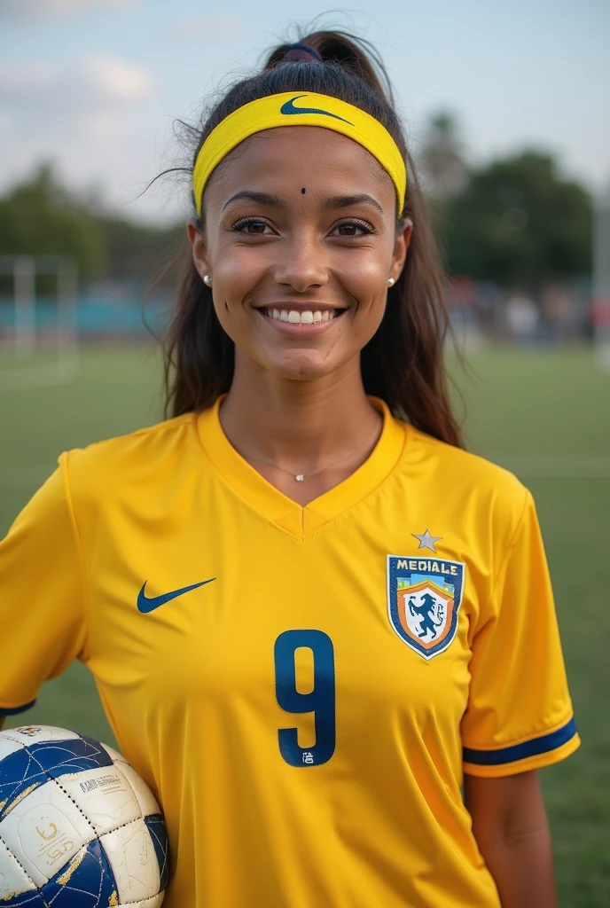 an 18 year old girl is in the stands of the football stadium, With the shirt of the Brazilian National Team