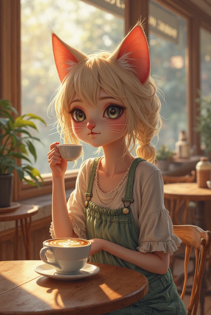 Beautiful girl drinking tea in a café in the sun through the trees、Absent-minded、Behind the street trees, the king of cats is forming a procession、