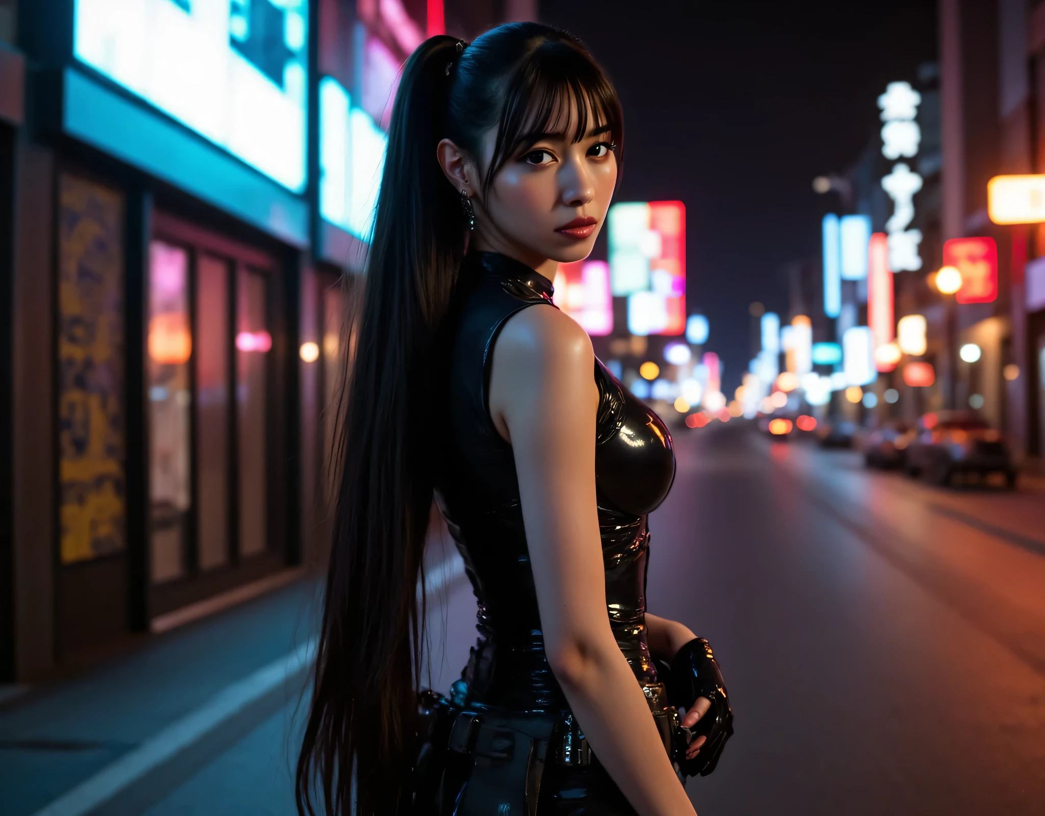 (((The dark Nostromo motorway at night:2.0))),((( HR Gigger Style Cyberpunk Atmosphere :2.0))),((Ride a tron style bike:2.0)),(((Ride on a big cyberpunk motorcycle:2.0))),side view from the back,Side pose,((looks back at the camera at the wedding hall at the church:2.0)),(( looking back over my shoulder :2.0)),Rear View,((full body:2.0)),one woman,(cute face),(Beautiful well-balanced face ),((long hair with bangs:2.0)),( black hair:1.5),(beautiful eyes:1.3),glamorous shot of a 20-year-old Japanese woman, Slender Beautiful Body ,((model body type:2.0)),(( slim body with hot water:1.7)),perfect body line,Ideal Proportions,(big breasts:2.0),Bare thighs,sensual thighs seen from below the crowd,delicate body,( Muscular:1.5),A harmonious posture,((Beautiful ass:2.0)),((cute ass:2.0)), ((((Bare ass :2.0)))),((( T-back :2.0))),(Realistic breast depiction :1.5),carefully depicts limbs based on perfect anatomy,((futuristic samurai style black super high leg leotard:2.0,((SUPER HIGH LEG LEOTARD MADE IN FIT CAMY STYLE LATEX:1.5)),((Samurai armor-style military jacket with an open front over a leotard:1.5)),(ear monitor:1.5),((Tactical Holster:1.5)),(gloves:1.3),concept art,(Best Quality:1.5),(masterpiece:1.5),(超高resolution),resolution,UHD,( delicate depiction), carefully drawn with butterfly wings ,32K,((realistic skin texture:1.5)),((( super realistic :1.5))), eyelashes,very detailed face,Highly detailed female hand,Very sensual,(Blurry Dim Backgrounds :1.5),professional photo shoot,(movie light:2.0),(( Blade Runner Style Lights :2.0))