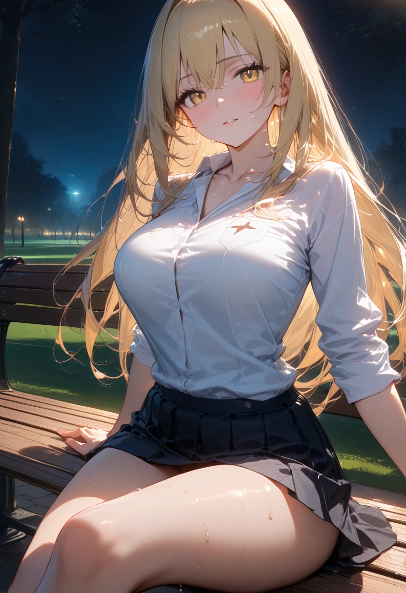 (masterpiece:1.3, Highest quality, Ultra-high resolution, Very detailed), (Realistic:1.1, photoRealistic:1.4), Beautiful illustrations, Perfect lighting, colorful, Written boundary depth, Beautiful detailsまでこだわった髪, Beautifully detailed face, Beautiful details, Beautiful clavicle, Beautiful body, Beautiful breasts, Beautiful thighs, Beautiful feet, Beautiful fingers, View your viewers, 1 girl, Japanese, high school girl, Perfect Face, (Perfect Anatomy, Anatomically correct), Cute and symmetrical face, Baby Face, Sunburn, Glowing Skin, (Mid-length hair:1.5, Twin tails:1.2, blonde), Asymmetrical bangs, blue eyes, Long eyelashes, (Mid-chest), thin, ((Collared short-sleeved shirt, Light blue shirt, , Grey plaid pleated skirt, To the Navy)), No pants, (Beautiful views), evening, (Outdoor, distant cityscape), Are standing, (peace sign), (Cute Smile, blush、Upward glance, Open your mouth), (Semen spurts out of the wide open vagina:1.4),