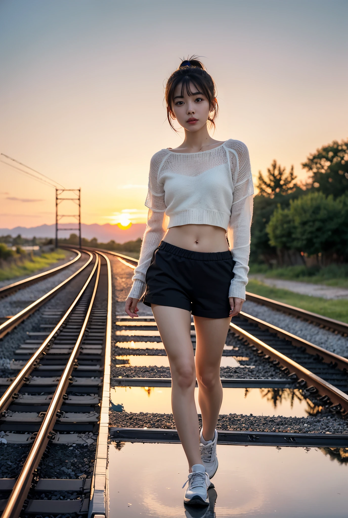 photo realistic, photo realistic, masterpiece, best quality, superb clarity,ultra detailed,8k,life-like, professional lighting, cinematic lighting,sharp focus, depth of field,catchlight,semi backlit,reflector effect,(((Medium Full Shot:1.3))),(((panoramic view:1.4))), BREAK, 1cute girl, 18years old,(((ponytail))), brown hair,(side bangs:1.3),(((girly outfit))),(((Sheer knit tops:1.2))),(((short pants:1.2))),(sneakers), BREAK, (((walk along railway track:1.3))), (((deserted unmanned station))), (((Sunset reflected on the railroad tracks:1.4))),(((twilight))),((cherryblossom)),fantastic background, BREAK, (golden ratio beautiful girl:0.9),(innocent beauty:0.8),(beautiful girl with a well-balanced ishness and maturity:0.4),(absolute beautiful girl),(shapely nose),(Ogee curve),(best esthetic line),(beautiful face line),(small-nosewings),(Cupid's Bow Lips),(round face),beautiful detailed eyes, beautiful detailed hair,shiny skin