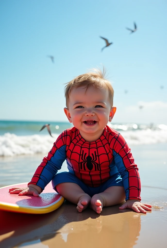 "Imagine a heartwarming and charming scene where a Superbaby superman discovers the joys of the beach while carrying a surfboard. Visualize a tiny superman, wearing a mini-version of his iconic suit, exploring the sandy shoreline. His tiny mask and web patterned diaper add an adorable touch. The surfboard, scaled for his size, rests effortlessly in his grasp, showcasing his innate superhero agility. The art style blends playful whimsy with superhero adventure, drawing inspiration from comic book aesthetics and beach landscapes. Set the scene against a tranquil coastal backdrop, with gentle waves and a clear blue sky. Capture the Superbaby Superman exploration in a mid-distance shot, highlighting his innocence and the magic of the beach."