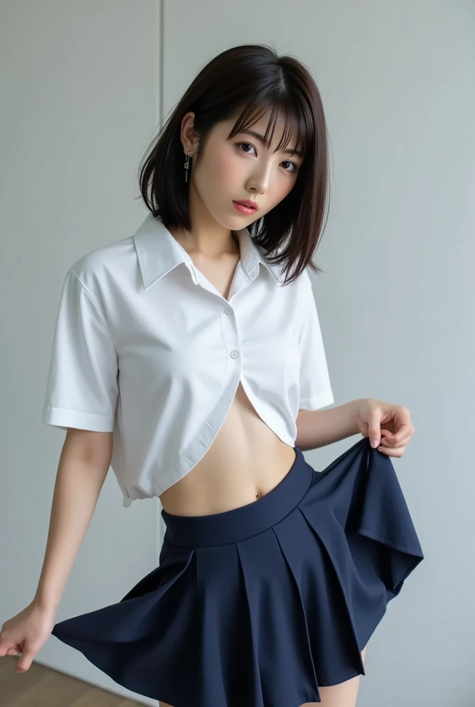 High resolution、high resolution、In 8K、RAW Photosgraphy、Highest quality、masterpiece、Tabletop、erotic、student、Light green Bra,White skin,knees,(Skin-colored pantyhose),Detailed Panty Pattern、Panty Focus、White panties、Absurd,Small Face、Big Breasts、前hairを真ん中から分ける、The forehead is visible,(Cold look<eyeを細めて,Glare,strong,Light anger)、masterpiece,Highest quality、超High resolution,RAW Photos,Len,Beautiful poop,One person, solo,Dark look,Small breasts,whole body、very nice、JK ,high school girl,Japanese women,standing,(Photorealistic:1.37)、Photon Mapping,Light blue ribbon,Realistic、Cute Face,茶色のeye、Black socks、22 years old、(Red bow tie)、Radio City、物理ベースLenダリング、prospect、Depth of written boundary、Blurred Background、picture,Girls、body,Beautiful feet, Long legs, Thin legs,Long Bob Cut,(前hairが見える), hair, Lips, green_eye, Nose Soft,(Light blue shirt), (Navy Pleated Skirt), kneesが見える,See-through clothing,, thigh, black cotton socks,Nogizaka Idol, , Japanese Ido、キラキラしたeye、Glossy Lips、
