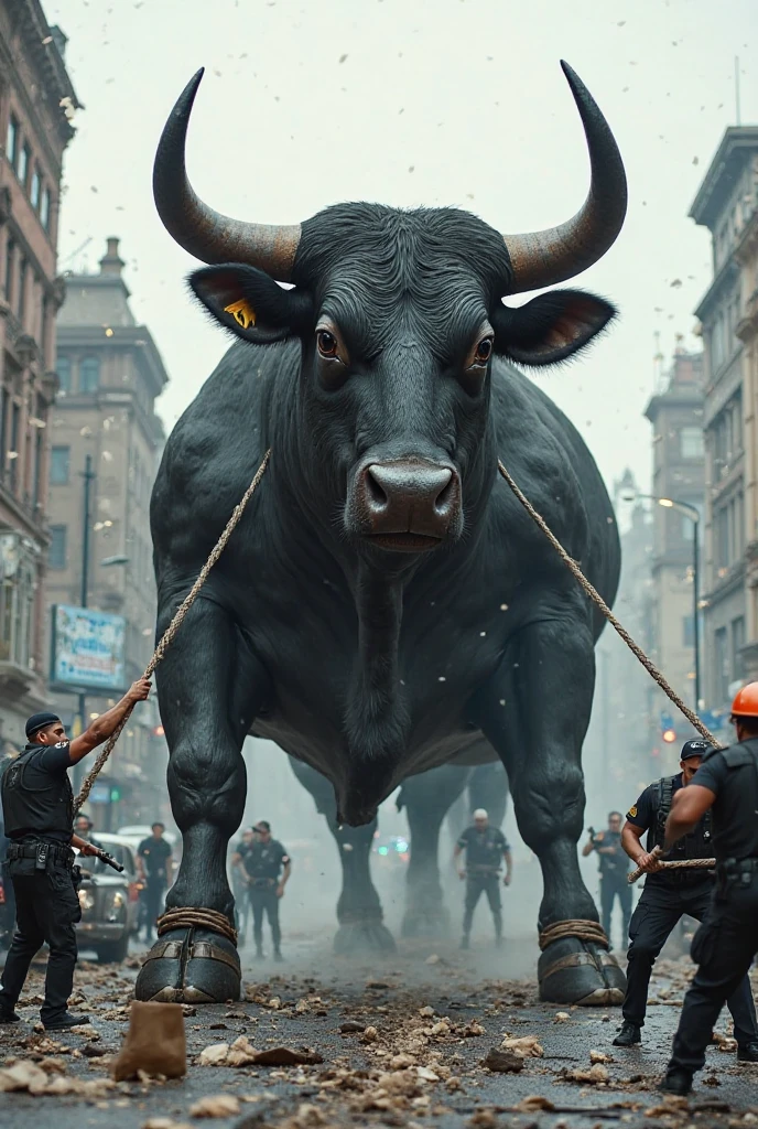 A bull dressed as a cholo in front of a lot of chaos caused by cholos , Angry and with a sign through the horn that says “Street inks tattoo studio”