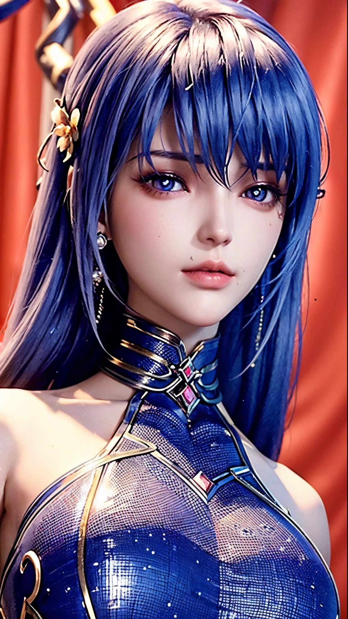 (photorealistic:1.4), (masterpiece, sidelighting, finely detailed beautiful eyes: 1.2), masterpiece*portrait, realistic, 3d face,
ganyu \(genshin impact\), 1girl, ahoge, architecture, bangs, bare shoulders, bell, black gloves, black pantyhose, (blue hair), blush, breasts, chinese knot, detached sleeves, flower knot, gloves, horns, long hair, looking at viewer, medium breasts, neck bell