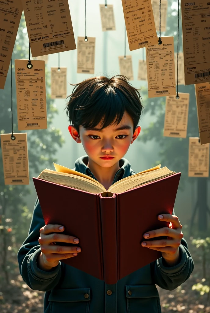 Many mosquito flying or a boy or his behind other students sitting who reading in library chair his hand holding a LA name logo book and one had on his head watching flying mosquito with stress or behind showing *Lavansh Library* name on the background