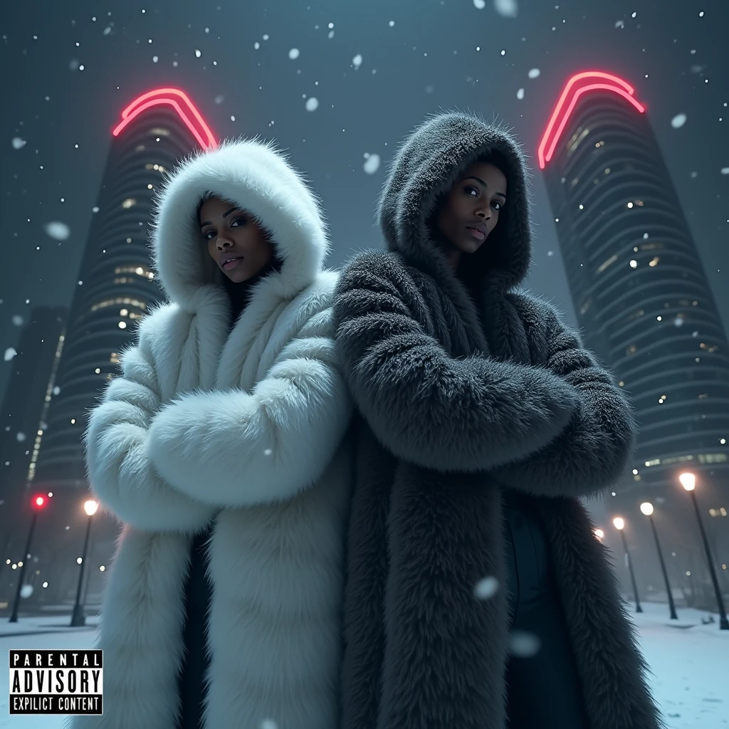 black woman hair in a bun black hoodie black leather short shorts old ugly woman standing behind her up against her wearing a dress with her arms around her waist kissing her neck time square new york city