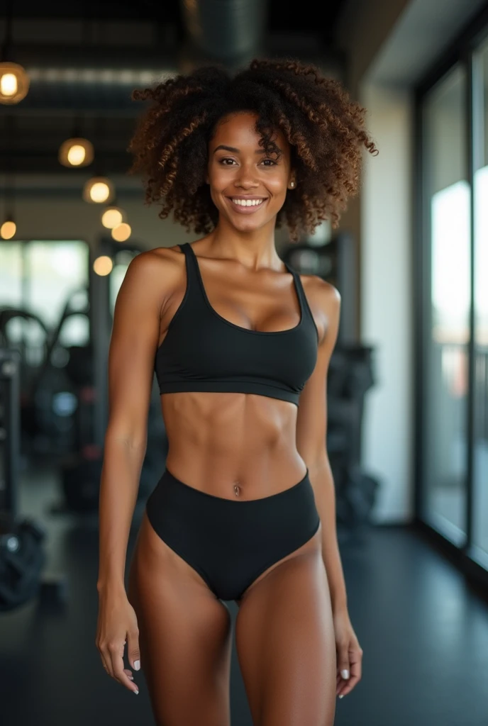 (black woman, ultra realistic, black woman) 15 years old. cute tender face. whole body, Skinny body, big ass, small breasts, beautiful smile, sexy body. Wearing sexy sportswear. in the gym.