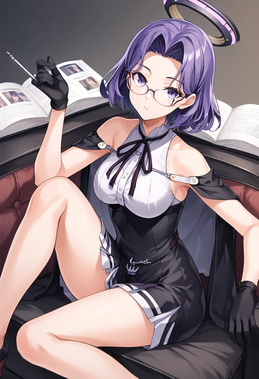 NSFW,masterpiece,Highest quality,High resolution,Very detailed,Helena Blavatsky\(Fate/grandorder\)、Purple Hair、short hair、(Purple eyes:1.1)、Shoulder Bare、belt、beret、ribbon、- Detachable collar、Removable sleeves、hat、leotard、紫色のhat、紫色のleotard、赤いbelt、白いribbon、White sleeves,library,Bookshelf,machine