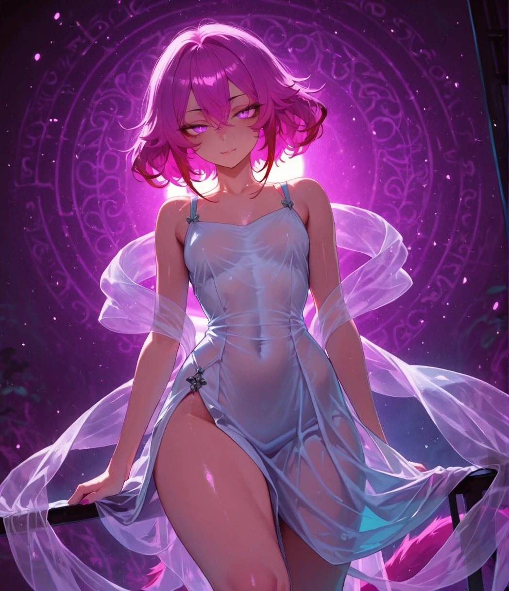 Girl with tanned skin and purple hair wearing a transparent dress