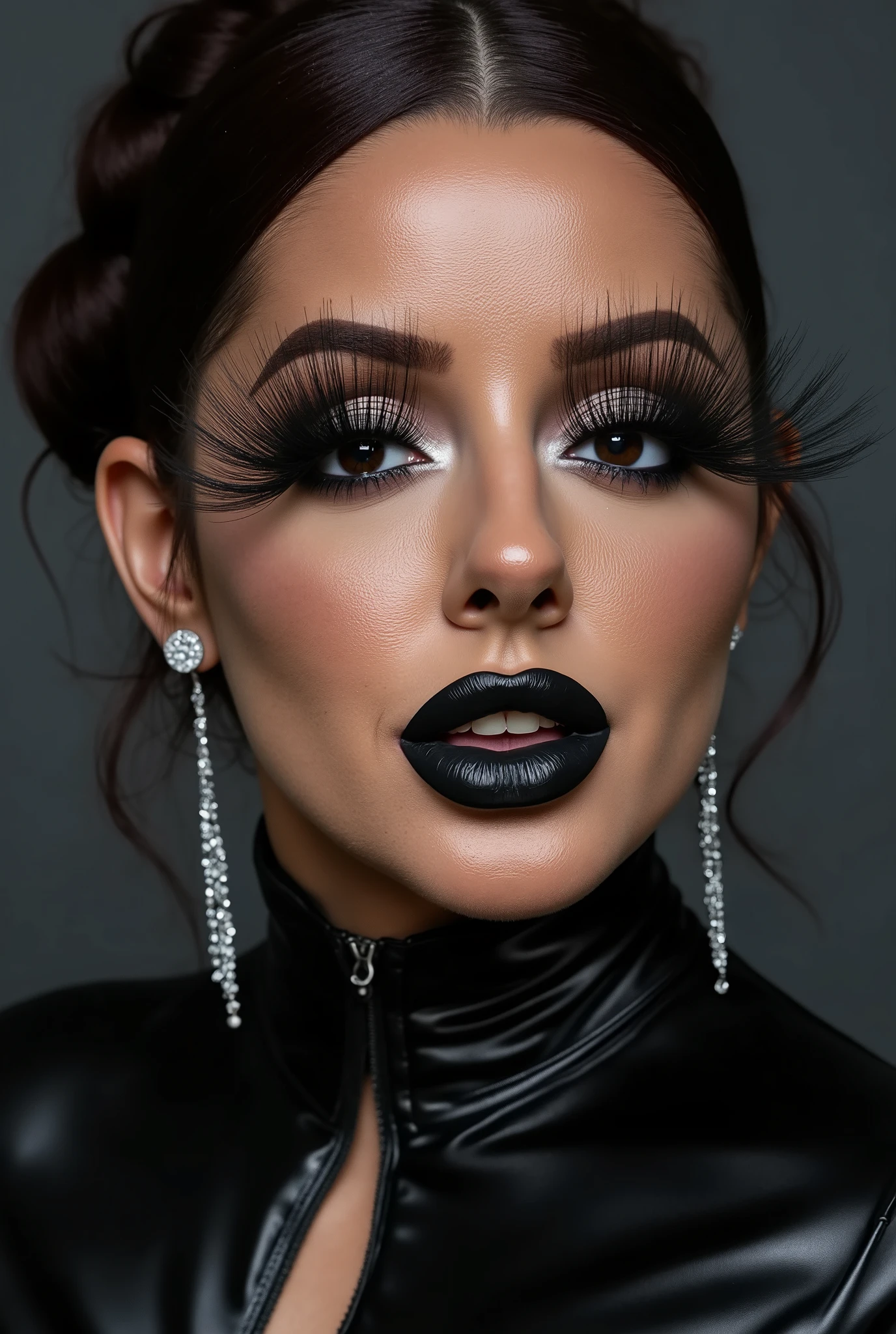 outrageously long and voluminous lash extensions., laughs a lot, latex suit, diamond ear earrings, black hair, black lips, bright black makeup