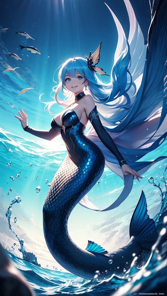 ((masutepiece)), ((Best Quality)), ((8K)), High resolution, 1girl in,Cat ears, pale skin, Large breasts, Green eye, multicolored hair, forest under water, Smile, Open mouth, Wet, mermaid, Swimming