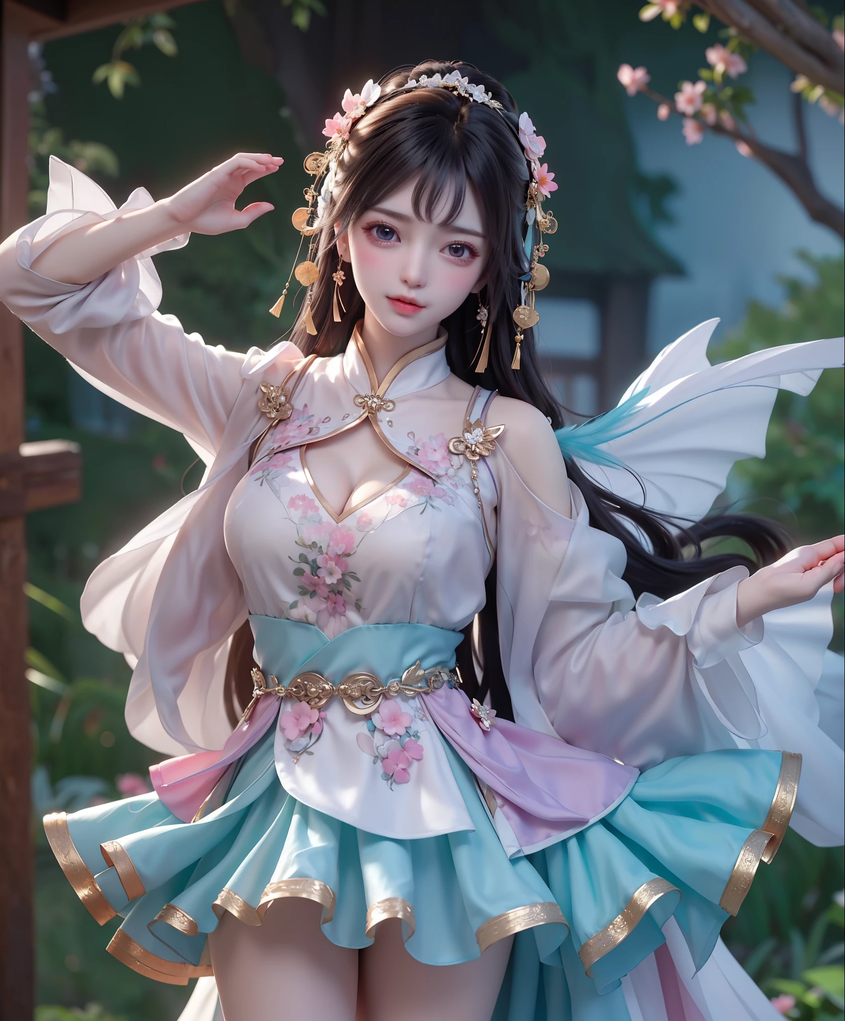 (8k, RAW photo:1.2), best quality, ultra high res,dramatic angle,(fluttered detailed color splashs), (illustration),(((1 girl))),(long hair),(rain:0.9), (Headdress:1.4),There is an ancient palace beside the girl,Hanfu,(Key Points),Color ink painting,(Splash of Color),Splash of Color,(((colorful))),(sketch:0.8) , Masterpiece, best quality, beautiful painted, highly detailed,(denoising:0.6),[splash ink],((ink refraction)), (beautiful detailed sky),moon,highly,detaild,(masterpiece, best quality, extremely detailed） CG Unity 8k Wallpaper，masterpiece，best quality，Ultra Detailed），（Lycoris）. hanfu open v open V-chested clothes Thin silk lace dress , (huge ，cleavage),, white pink and gren，best qualtiy，tmasterpiece，Ultra-high resolution，（Reality：1.4），RAW photogr，（True skin texture：1.3），（filmgrain：1.3），（Selfie angle），1个Giant Breast Girl( huge, cleagve)，Beautiful eye and face details，tmasterpiece，Best quality at best，，The chest more exposed， detailed hair, bra purple and green , detail 8k, upper body, ignette transparent fabric flower, purple and blue pink white,