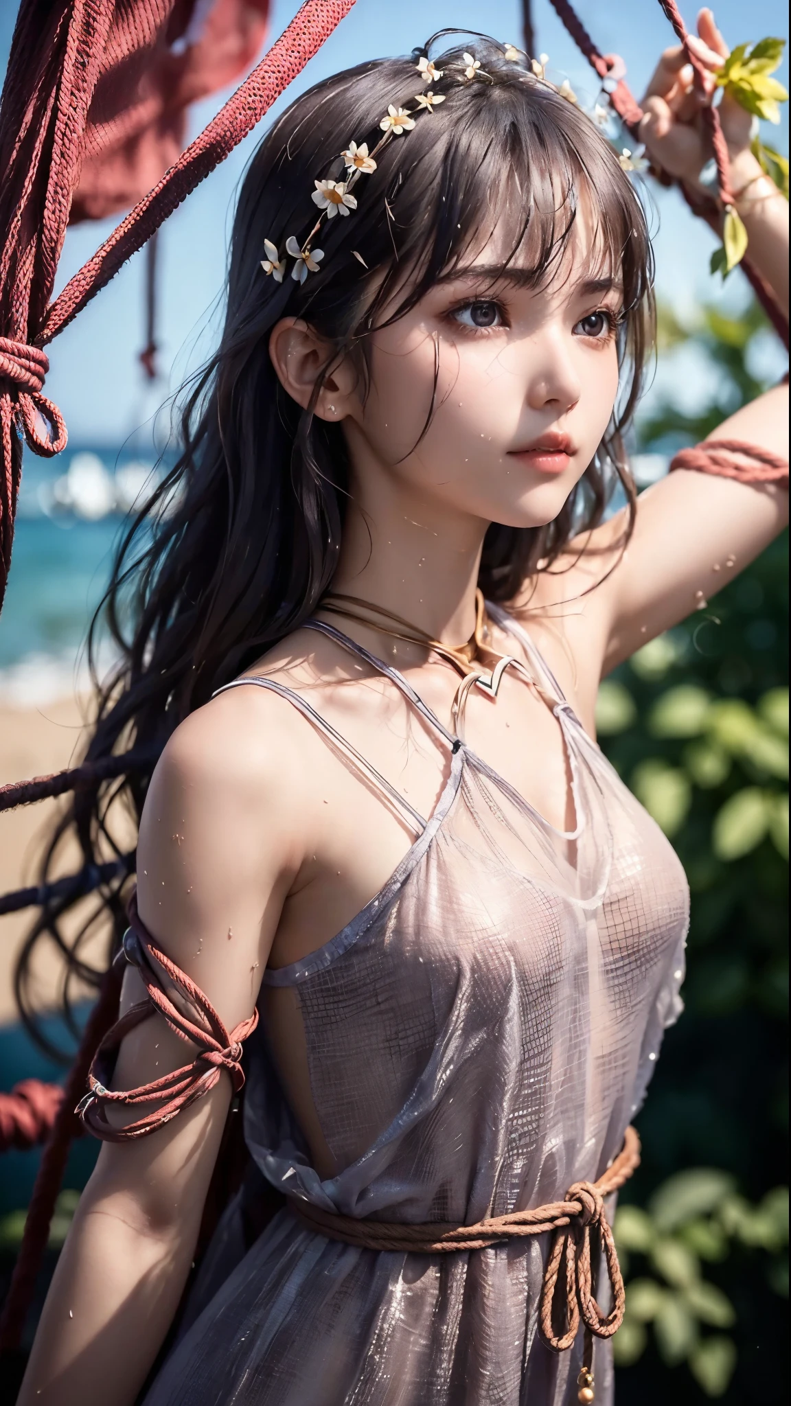 Brunette Girl, nudity, hip towards viewer, full body, nipples, crying, super beautiful shining eyes、Girl hanging from the ceiling with her arms tied with rough rope、Sweat、the rope tied her body、wet body、Rough rope digging into my crotch、A large amount of liquid flows out from the crotch、One leg is suspended above by a rough rope、tied with rope、tightly bound、both hands tied、legs hanging in shackles
(8K, Live shooting, Highest image quality, masterpiece: 1.4), Super high fine mesh, (Reality, photorealistic: 1.48), masterpiece、highest quality、Super detailed、8K、detailed light、detailed shadows、Raw、(detailed skin)、(Reality: 1.2)、18 years old、long hair、white lace underwear、in the heavy rain