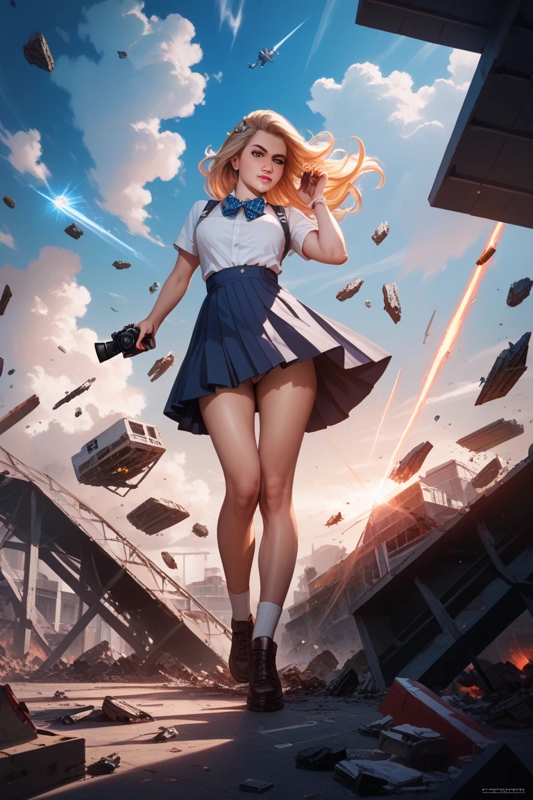 create an image from behind of Jennette McCurdy in a tiny green top and tiny jean shorts, riding a atomic bomb with the army label in the air, the city below among the clouds, high quality illustration Pin-up art