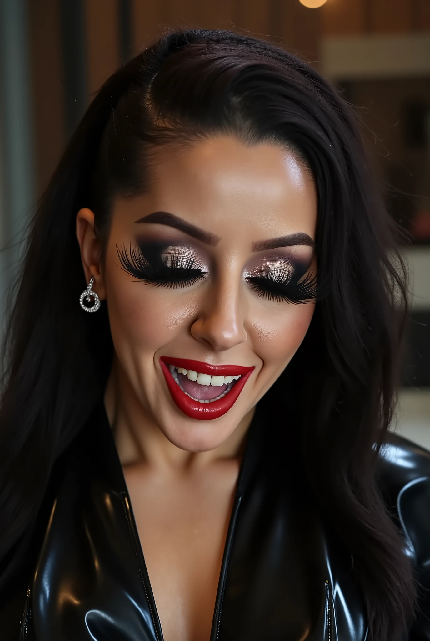 outrageously long and voluminous lash extensions., laughs a lot, latex suit, diamond ear earrings, black hair, red lips, bright black makeup