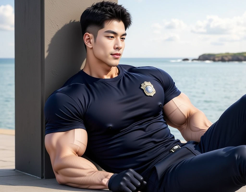 20-year-old boy ,Korean male officer ,...,handsome ,Wear a dark navy short-sleeved shirt............., Wearing only Dark navy thong, no pants, Black boots and dark navy gloves,sit on the ground , His legs spread apart.............................., Police Logo ,tight breasts ,Muscle Man , ((The arm muscles are very large.................)) ,large  , Wide shoulders ,open legs ,Hold the bulge firmly with both hands............................................. ,Large long bulge pointing upwards..................................... ,Sexually suggestive, (Dynamic Poses:1.1) , thights , (Embossed Focus:1.2),On your knees......................., ,It's raining ,Mud Pond , Best qualtiy , Wide lens ,deep depth of field ,Bokeh background
