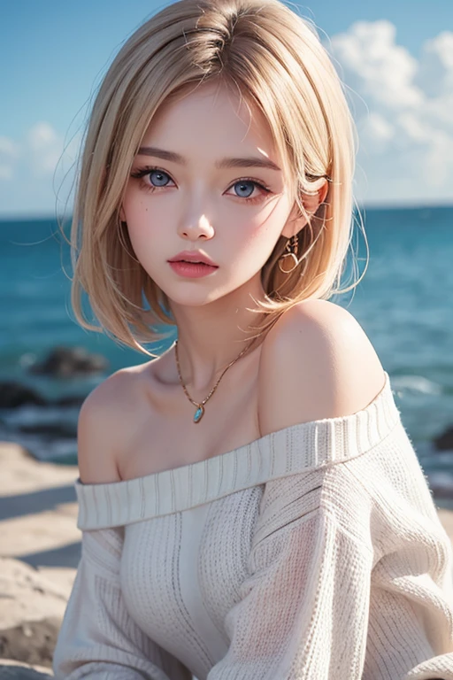 woman in a white dress with visible body contours, artwork in the style of Gwaiz, Gwaiz on pixiv artstation, Gwaiz on artstation pixiv, Gwaiz,  fantasy art style, Gwaiz masterpiece,  Beautiful and elegant woman ,  beautiful character drawing ,  Detailed Digital Anime Art, Blonde woman , gray hair,  sky blue eyes, pink lips,  white off shoulder sweater, Cool girl face, beautiful eyes, Face type , Reika 