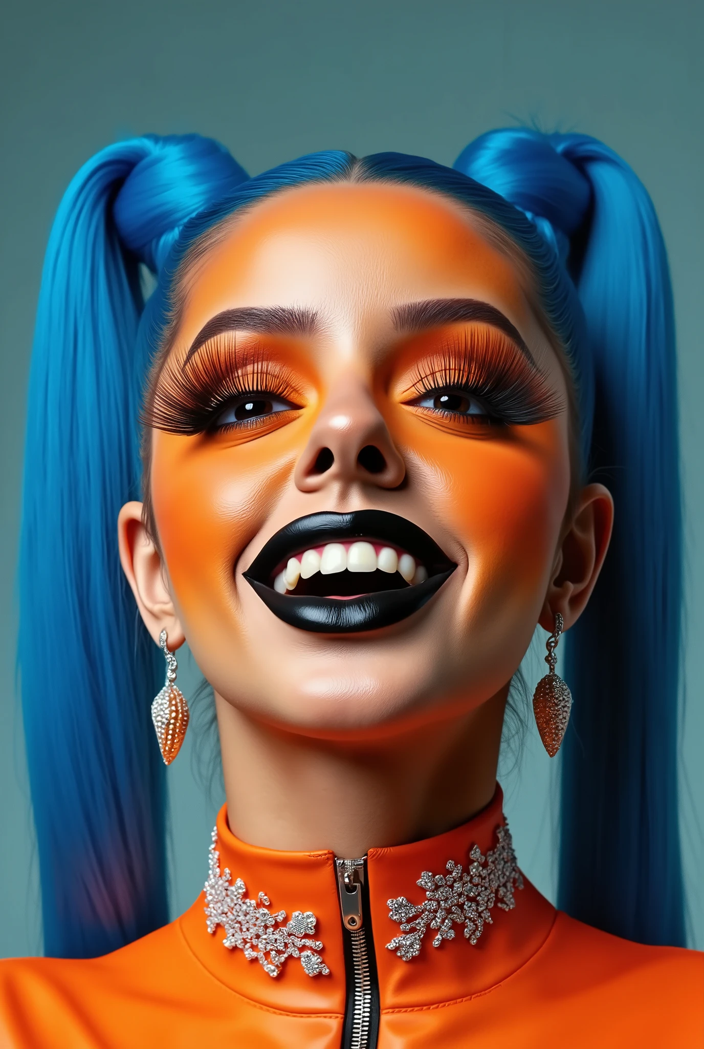 incredibly long and voluminous eyelash extensions, girl laughs a lot, Bright orange makeup,  blue hair  , two tails,  diamond earrings  , collar, black lips