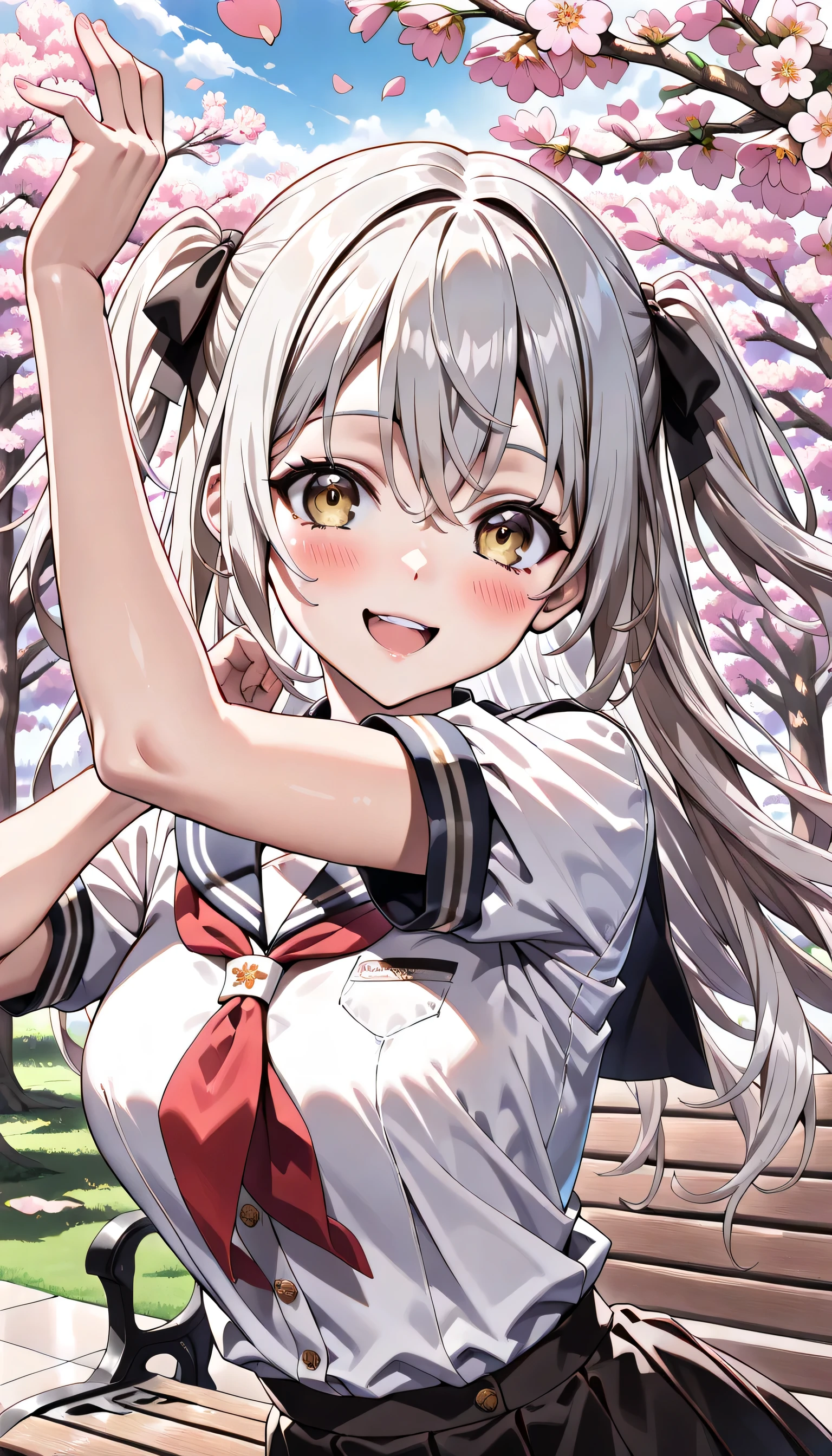 ((ultra-detailed)), (highly detailed CG illustration), (best quality:1.2), ultra-highly detailed, colorful composition, artistic photoshoot, 1girl, solo focus, ((upper body:1.4)), moe anime character, girl, dainty facial structure, (bab(round face), ((rounded chin:1.2)), celia-default, celia claire, (blue eyes), sparkle eyes, ((silver hair color)), ((two side up)), ((hair ribbon with red)), ((fluttering hair)), ample breasts, school uniform, sailor suit, traditional Japanese style with navy blue and white colors, ((happy:1.5)), ((joyful:1.5)), ((laughing:1.4)), ((blush:1.4)), ((looking viewer)), ((Sitting on a bench in the park)), ((sitting with knees up)), ((sitting along the cherry blossom trees:1.4)), ((cherry blossom petals dancing:1.4)), from front, ((dynamic pose)), ((contrapposto pose)), best quality, masterpiece, expecting, pink cheek, blush, light pink gloss slip, portrait, depth of field, soft lighting, sidelighting, (shine), lighting, caustics, ray tracing, smile, perfect face, lustrous skin, highly detailed face, highly detailed eyes, perfect face, perfect nose, perfect hair, perfect eyes, perfect anatomy, beautiful hair, beautiful small face, extremely detailed face, beautiful detailed eyes, beautiful clavicle, beautiful body, beautiful ample breasts, leavage, breasts squeezed together, equalize the size of the left and right breasts, beautiful thin thighs, beautiful legs, beautiful fingers, 4 fingers, 1 thumb, lovely, (very detailed background:1.0), (highly detailed background:1.0), spring aesthetic, intricate details, joyful atmosphere, spring colors palette, chromatic aberration